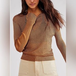New Free People H2O Crew Pullover Tiger Eye Top Open Stich Size Small